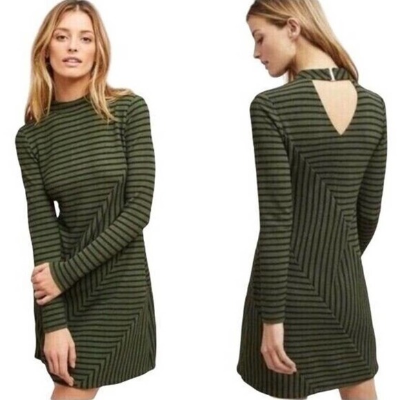 Anthropologie Dresses & Skirts - Anthropologie Hutch Olive Green & Black Striped Long Sleeve Cutout Dress XS
